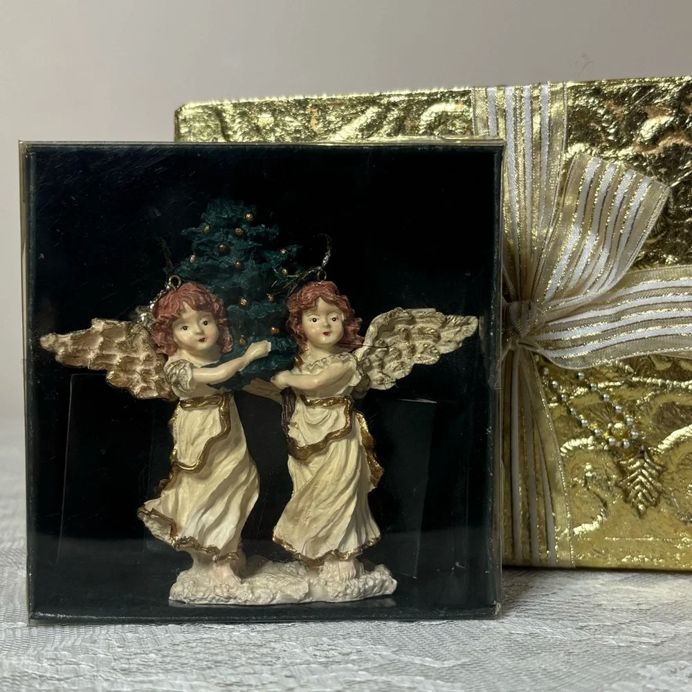 Vintage Victorian Tree Ornament Christmas Angels Hand Painted Luxury Gold Cream